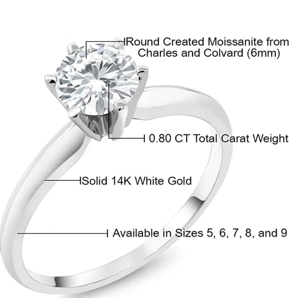 CERTIFIED 14K White Gold .8ct Diamond Solitaire Ring Moissanite Engagement